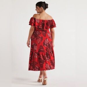 Elegant Red Floral Off-Shoulder Dress
